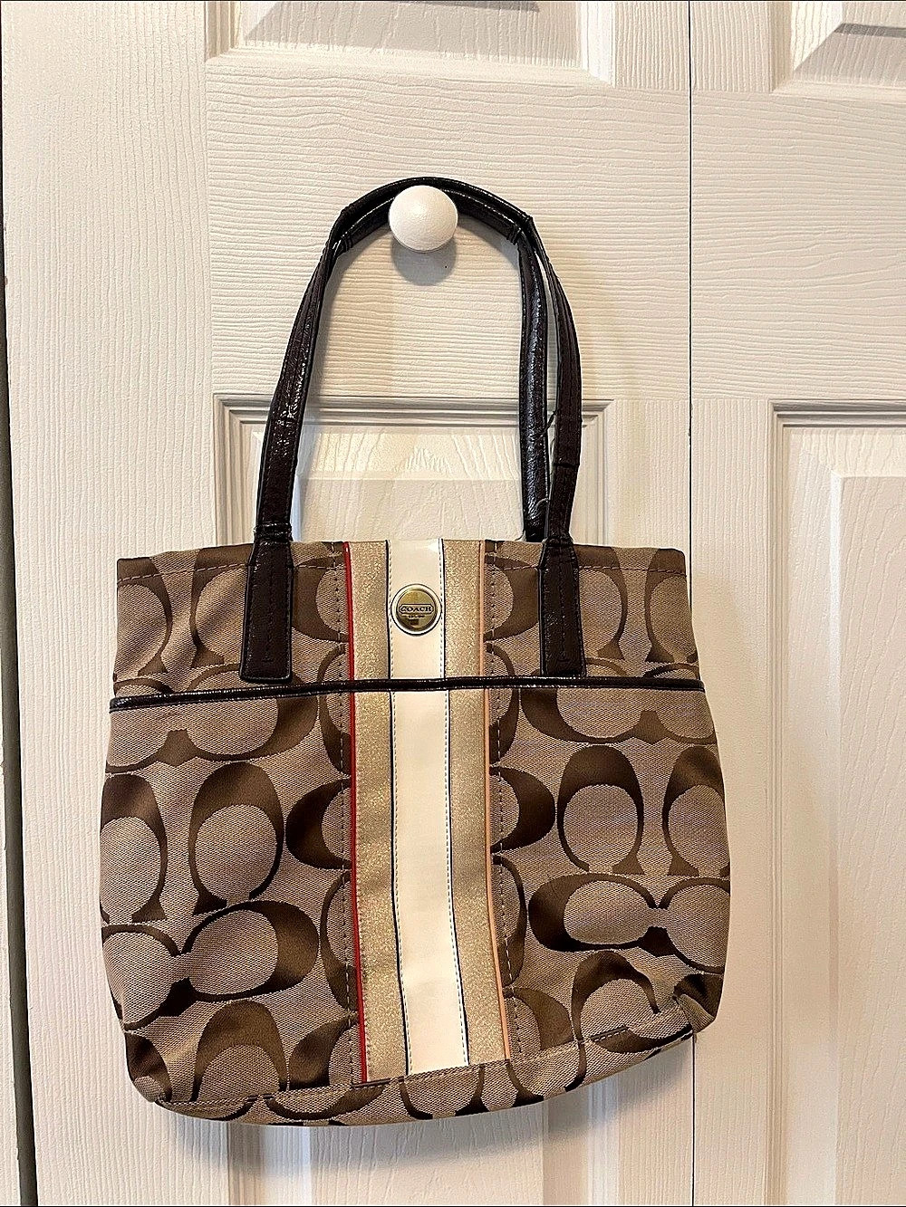 Coach Signature Multi Stripe Tote Logo Canvas Tote in Brown & Beige